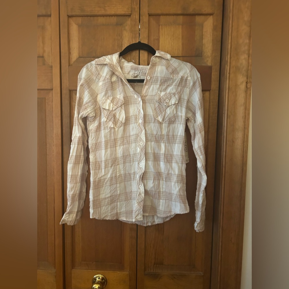 NWT YMI Girls/Juniors Sz M Sandwhite Plaid (Cream/White & Tan) Button Down